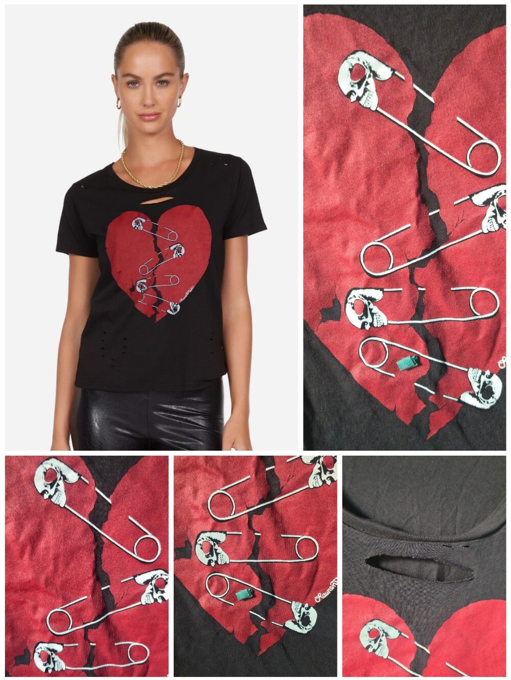 Lauren Moshi Distressed Safety Pin Heart myra tee